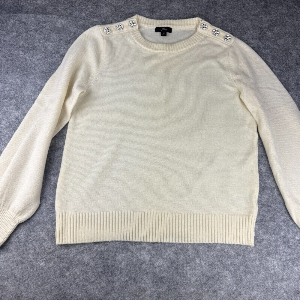 Women's J. Crew Ivory‎ Cream crewneck sweater with jeweled rhinestone buttons M